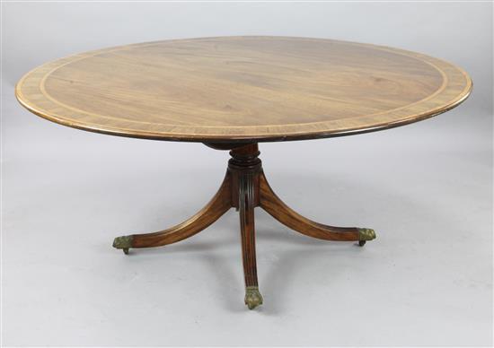 A Regency style satinwood and rosewood banded mahogany tilt top breakfast table, W.5ft 2in.